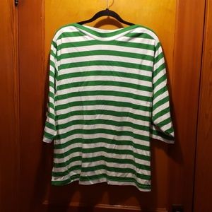 Green and white striped boat neck top